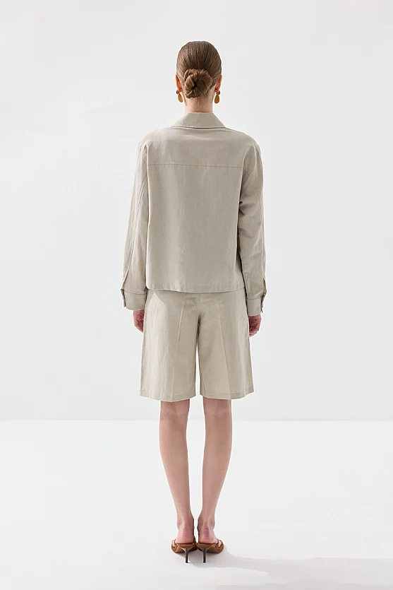 Cepli Keten Gömlek Ceket - Taş - Gusto