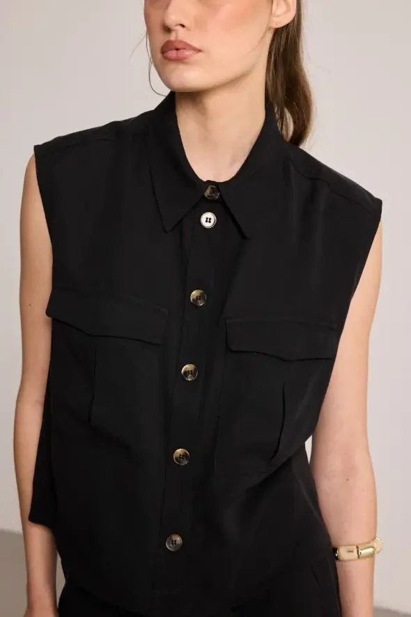 Cepli Kolsuz Tencel Gömlek - Siyah - Gusto