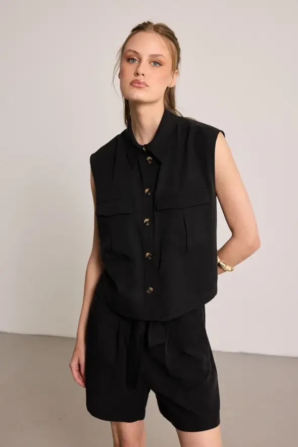 Cepli Kolsuz Tencel Gömlek - Siyah - Gusto