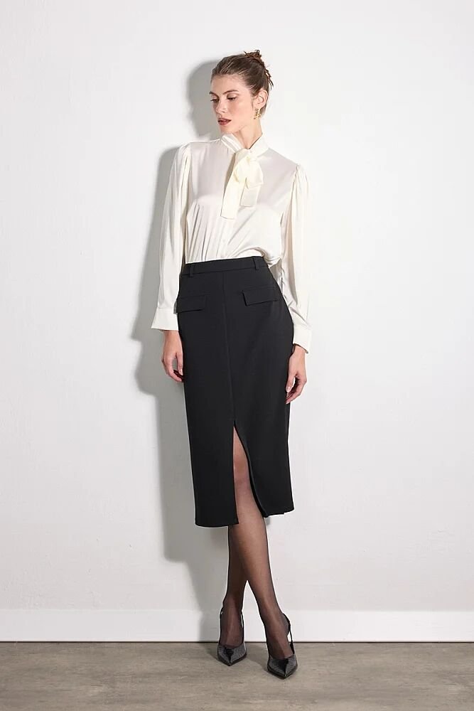 Cepli Midi Krep Lycra Etek - Siyah Siyah