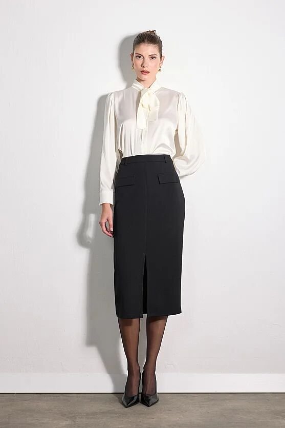 Cepli Midi Krep Lycra Etek - Siyah - 4