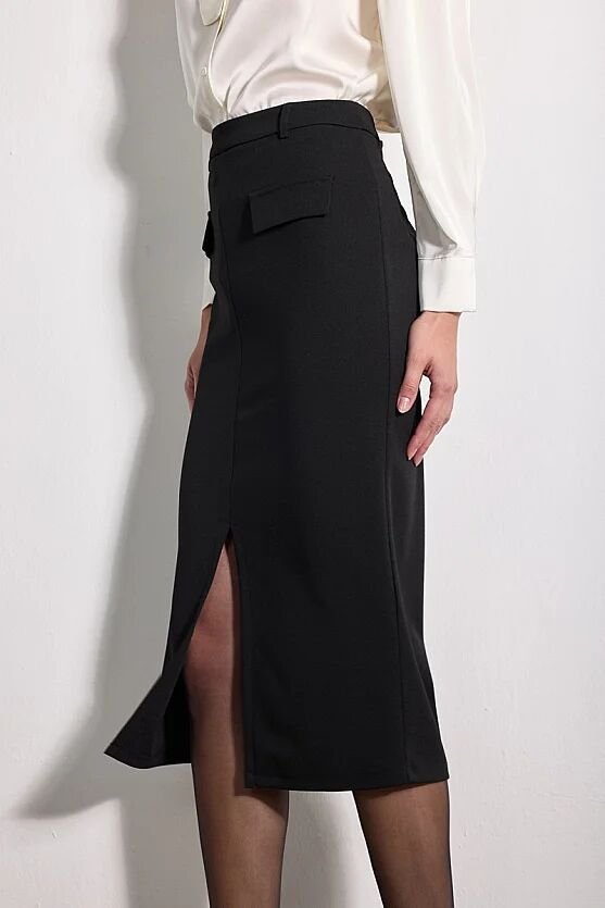 Cepli Midi Krep Lycra Etek - Siyah - 5