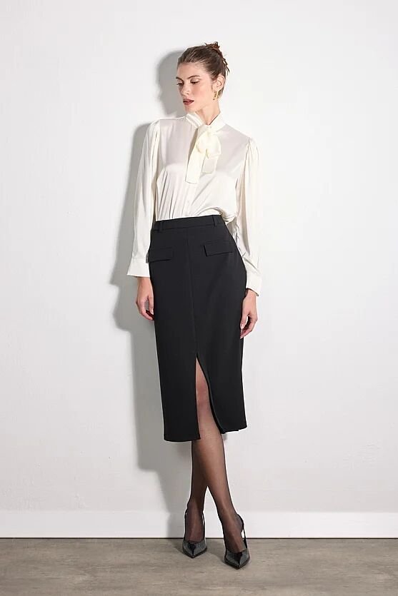 Cepli Midi Krep Lycra Etek - Siyah - Gusto
