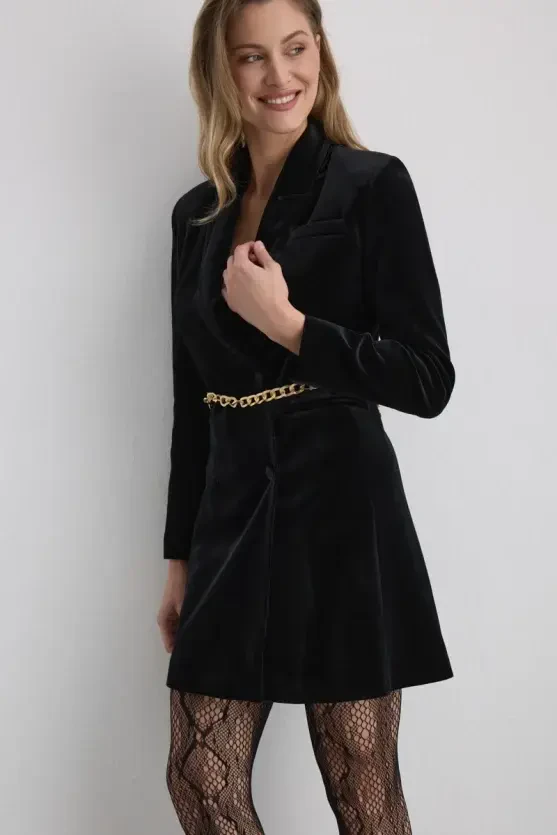 Velvet Blazer Dress with Chain Belt - Black - Gusto