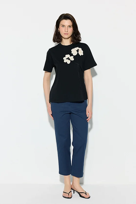 Çiçek Aplikeli Pamuk Tshirt - Siyah - 1