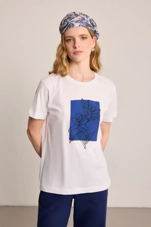 Çiçek Baskılı Pamuk T-Shirt - Beyaz - 1