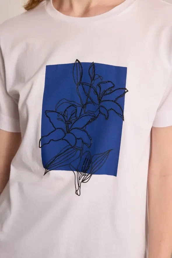 Çiçek Baskılı Pamuk T-Shirt - Beyaz - 2