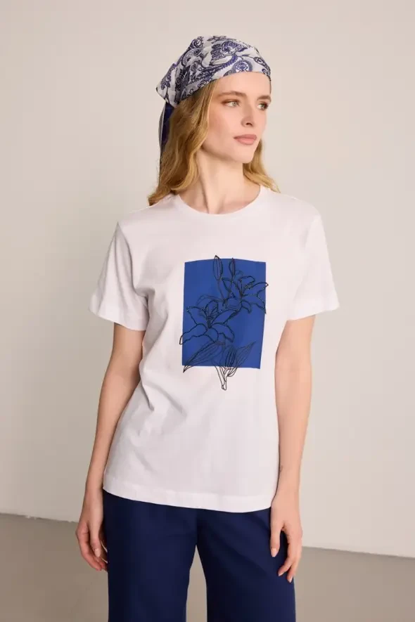 Çiçek Baskılı Pamuk T-Shirt - Beyaz - 4