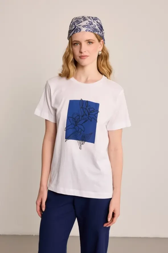 Çiçek Baskılı Pamuk T-Shirt - Beyaz - 5