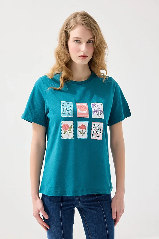 Çiçek Baskılı Rahat Kesim Pamuk T-shirt - Yeşil - 1