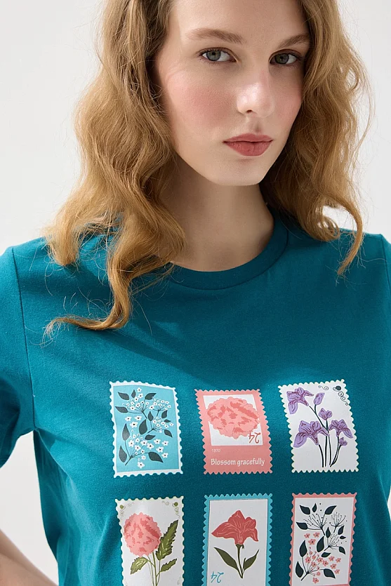 Çiçek Baskılı Rahat Kesim Pamuk T-shirt - Yeşil - 4