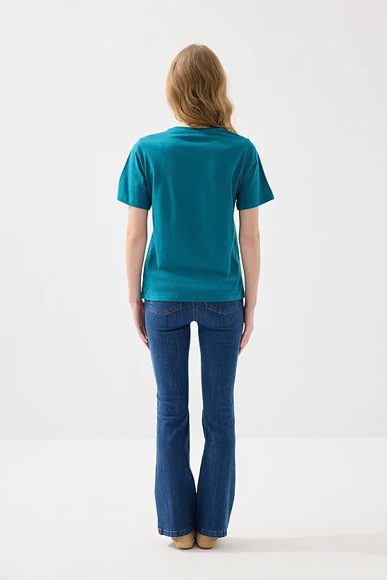 Çiçek Baskılı Rahat Kesim Pamuk T-shirt - Yeşil - Gusto