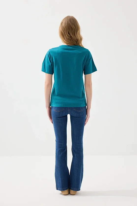 Çiçek Baskılı Rahat Kesim Pamuk T-shirt - Yeşil - Gusto