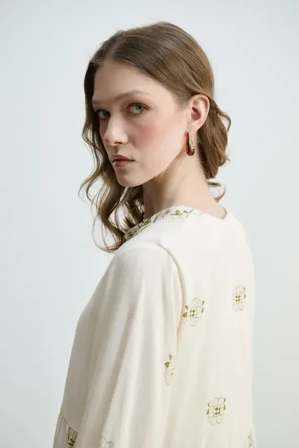 Çiçek Baskılı Rahat Kesim Viskon Elbise - Yeşil - Gusto