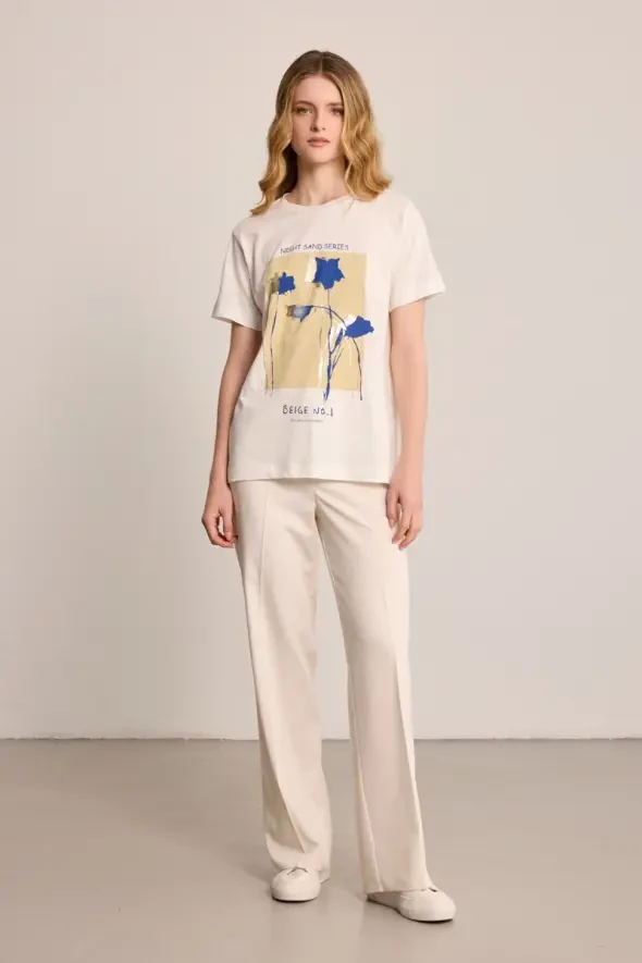 Çiçek Baskılı T-Shirt - Ekru - 2