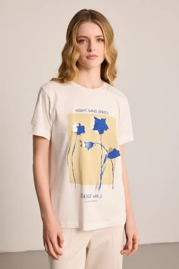 Çiçek Baskılı T-Shirt - Ekru - 1