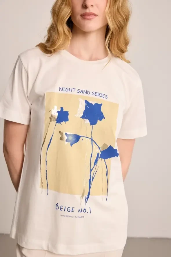 Çiçek Baskılı T-Shirt - Ekru - 3