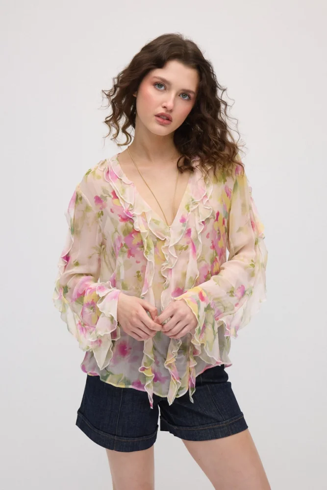 Çiçek Desenli Romantik Şifon Bluz - Pembe Pembe