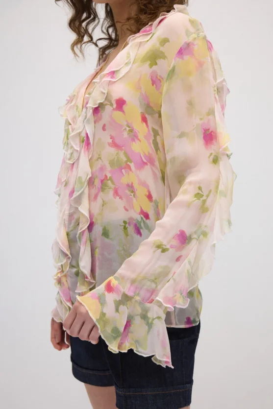 Çiçek Desenli Romantik Şifon Bluz - Pembe - 4