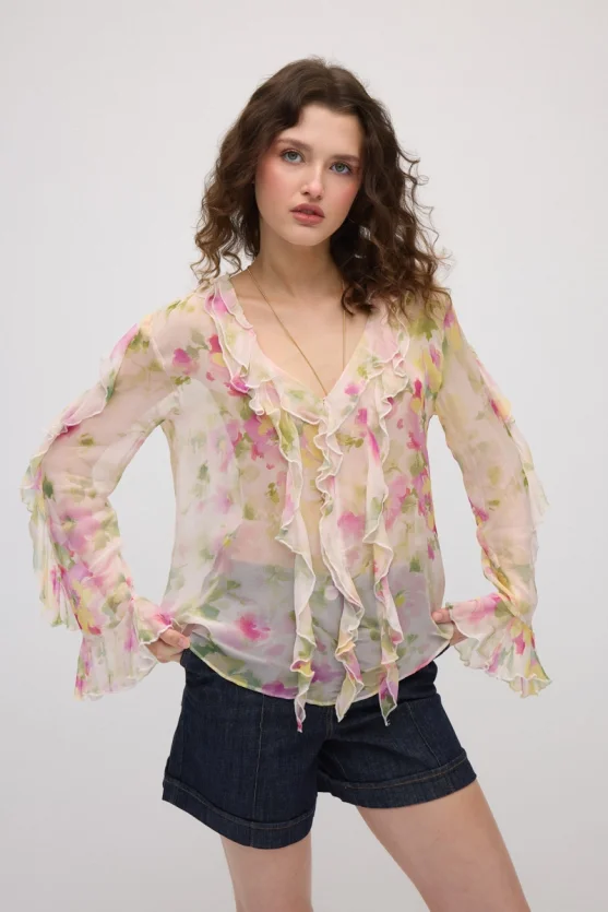 Çiçek Desenli Romantik Şifon Bluz - Pembe - 3