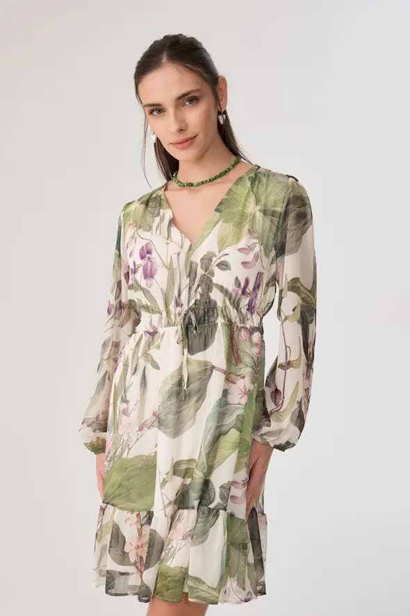 Çiçek Desenli Şifon Elbise - Yeşil - 4