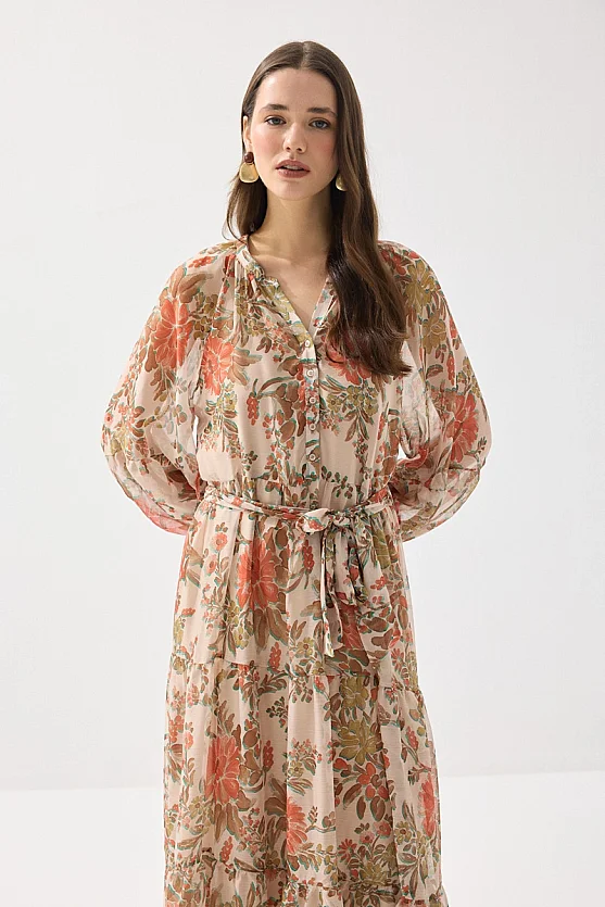 Çiçek Desenli Uzun Şifon Elbise - Turuncu - Gusto