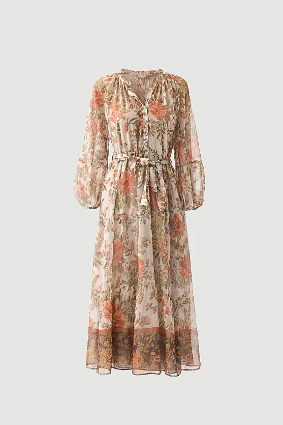 Çiçek Desenli Uzun Şifon Elbise - Turuncu - Gusto