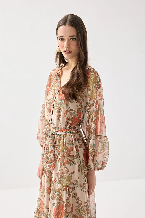 Çiçek Desenli Uzun Şifon Elbise - Turuncu - 3