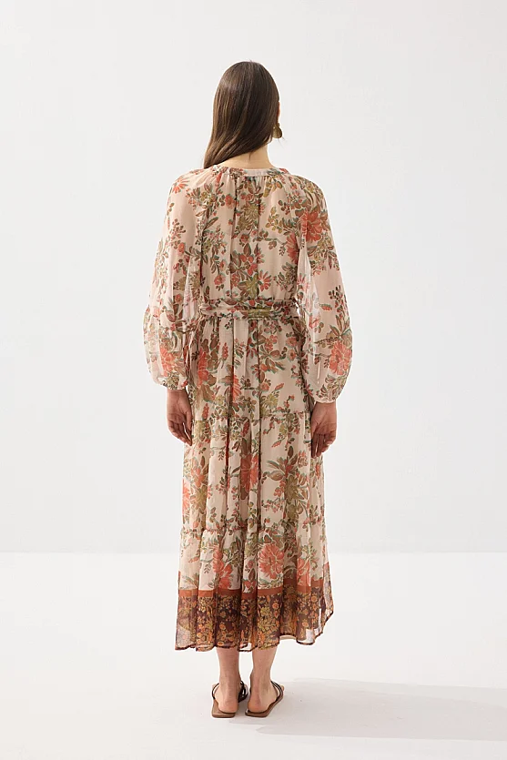 Çiçek Desenli Uzun Şifon Elbise - Turuncu - 5