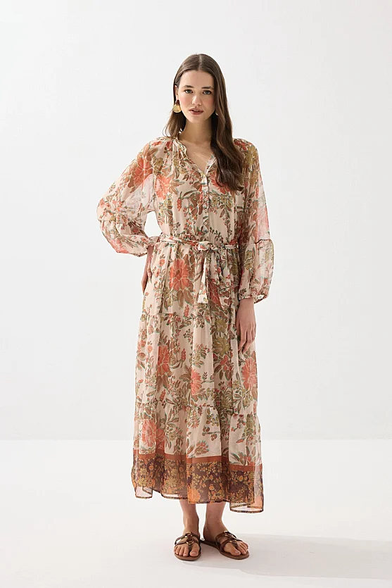 Çiçek Desenli Uzun Şifon Elbise - Turuncu - 1