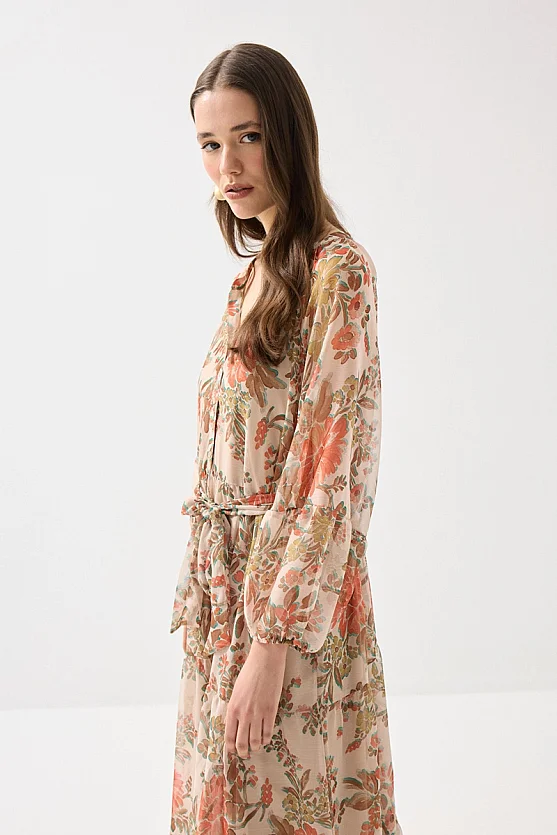 Çiçek Desenli Uzun Şifon Elbise - Turuncu - Gusto