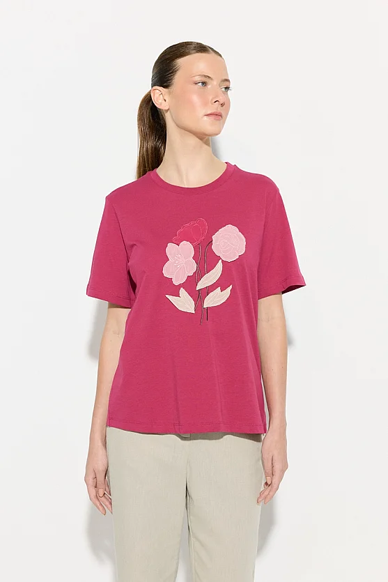 Çiçek Dikişli Pamuk T-shirt - Fuşya - Gusto