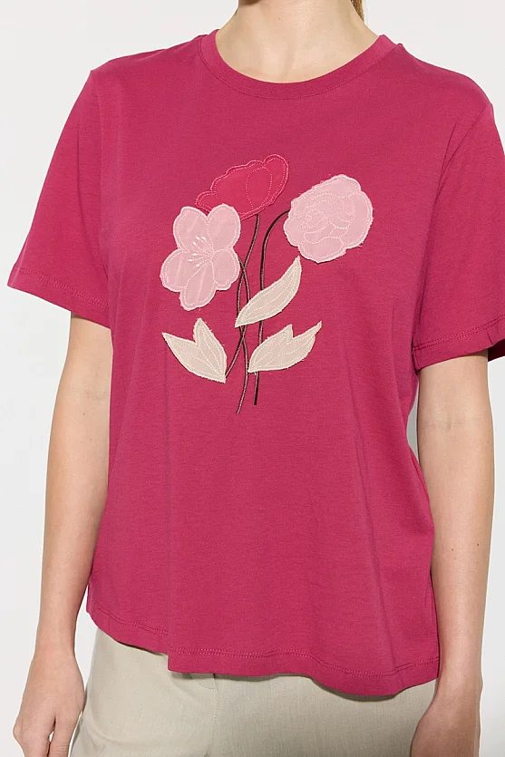 Çiçek Dikişli Pamuk T-shirt - Fuşya - Gusto