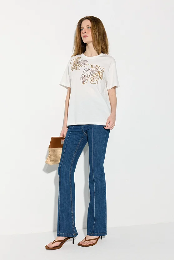 Floral Embroidered Cotton T-Shirt - White - Gusto