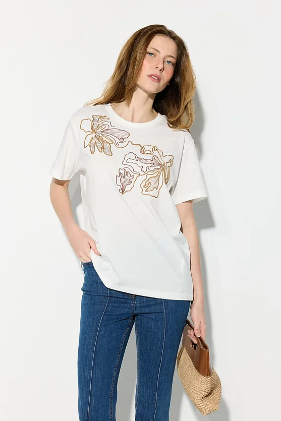 Floral Embroidered Cotton T-Shirt - White - Gusto