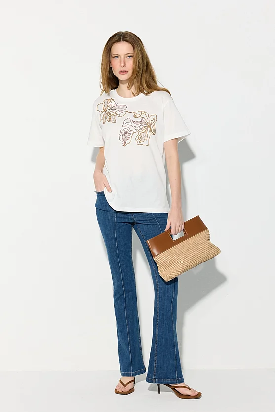 Floral Embroidered Cotton T-Shirt - White - Gusto