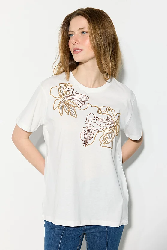 Floral Embroidered Cotton T-Shirt - White - Gusto