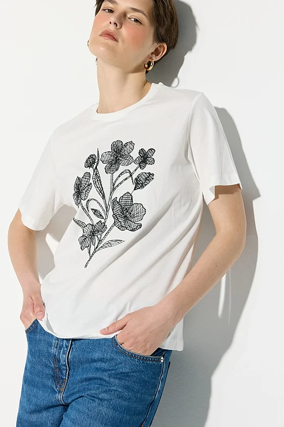 Çiçek Nakışlı Pamuk T-shirt - Beyaz - 5