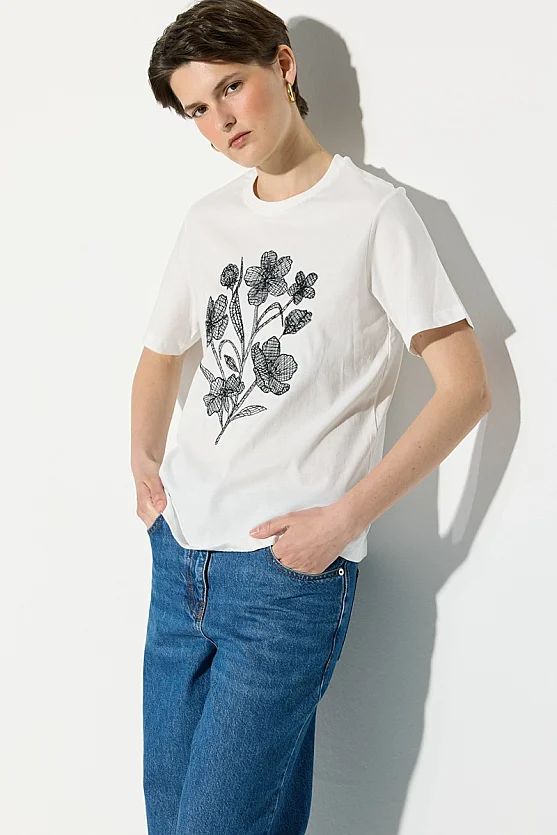 Çiçek Nakışlı Pamuk T-shirt - Beyaz - Gusto