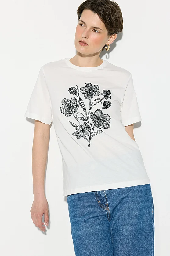 Çiçek Nakışlı Pamuk T-shirt - Beyaz - Gusto