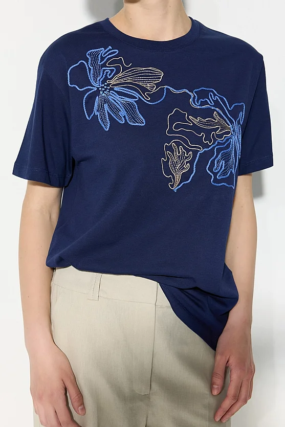 Çiçek Nakışlı Pamuk T-shirt - Lacivert - Gusto
