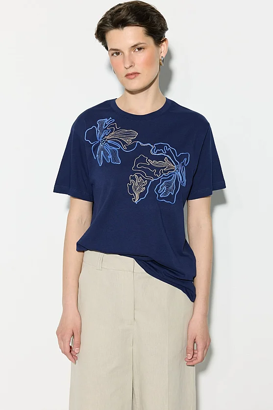 Çiçek Nakışlı Pamuk T-shirt - Lacivert - 1
