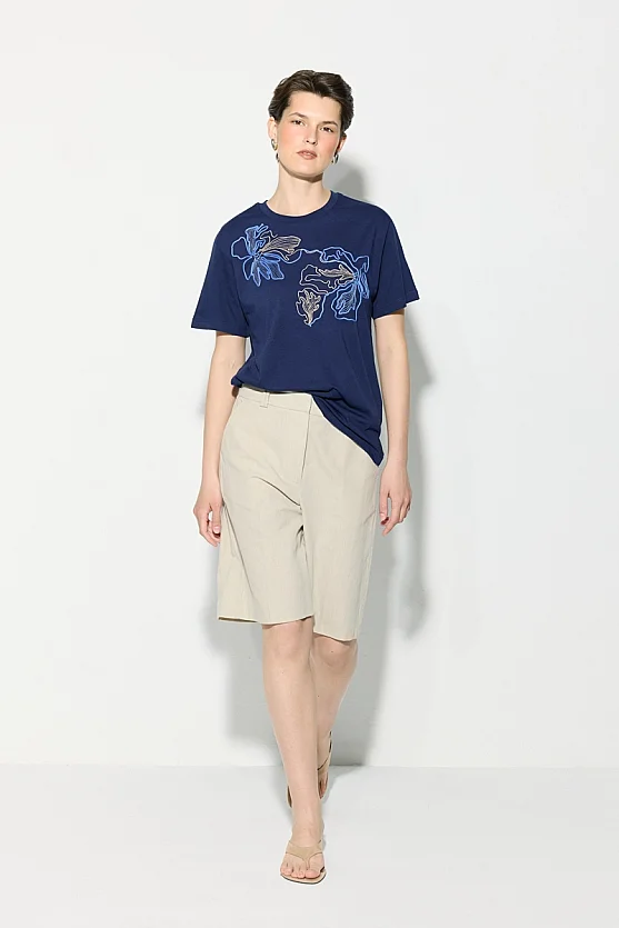 Çiçek Nakışlı Pamuk T-shirt - Lacivert - 2