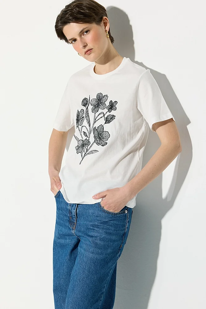 Çiçek Nakışlı Pamuk T-shirt - Beyaz Beyaz