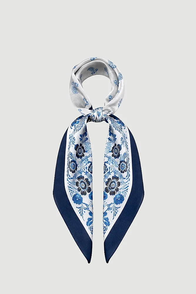 Çift Desenli Çiçekli Fular - Mavi Mavi