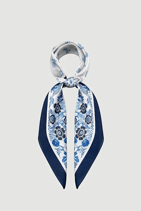 Çift Desenli Çiçekli Fular - Mavi - Gusto