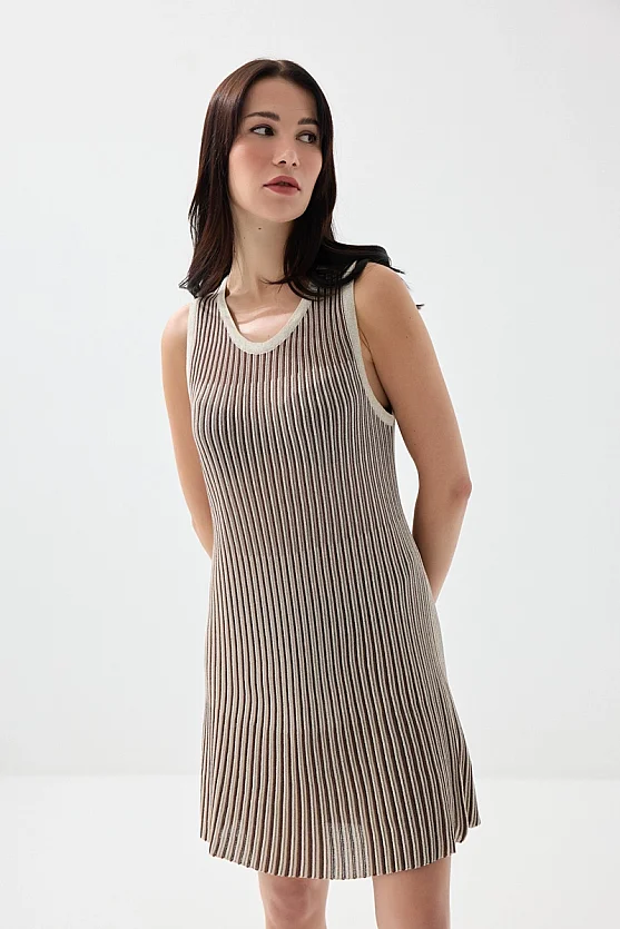 Çift Renkli Viskon Triko Kolsuz Elbise - Kahverengi - 2