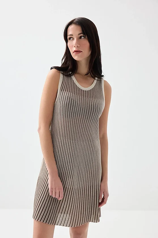 Çift Renkli Viskon Triko Kolsuz Elbise - Kahverengi - Gusto