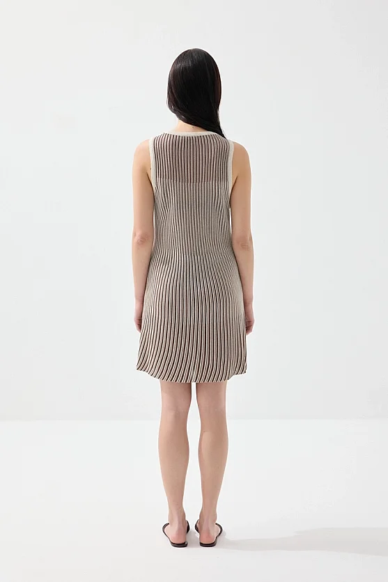 Çift Renkli Viskon Triko Kolsuz Elbise - Kahverengi - Gusto