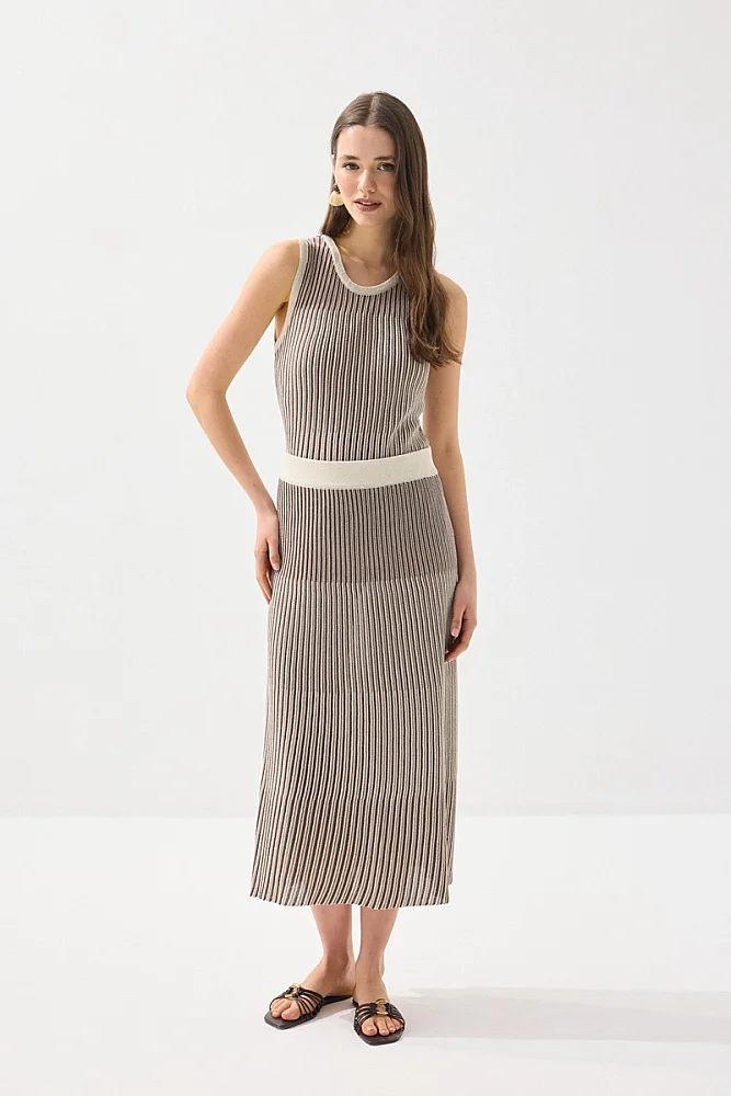 Çift Renkli Viskon Triko Pilise Etek - Kahverengi - Gusto